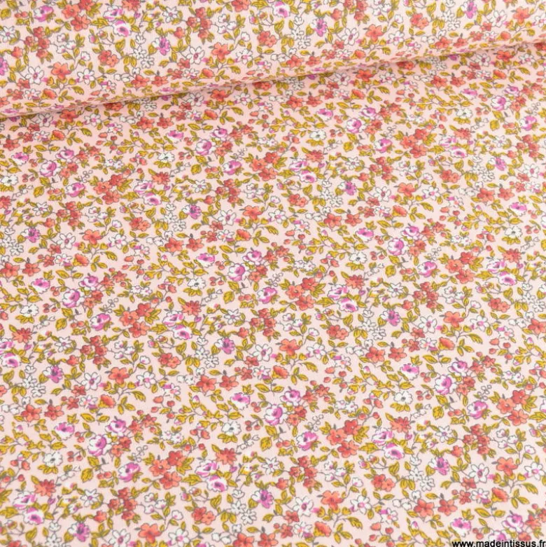 Tissu coton motifs fleurs Léonie Rose et ocre - OEKO TEX