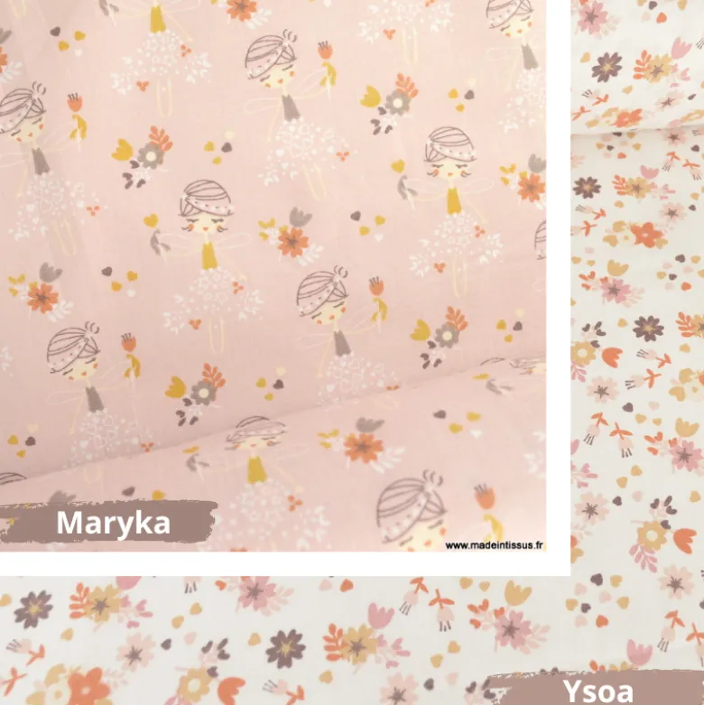 Tissu coton motifs Princesses et fleurs rosée- OEKO TEX