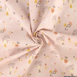 Tissu coton motifs Princesses et fleurs rosée- OEKO TEX
