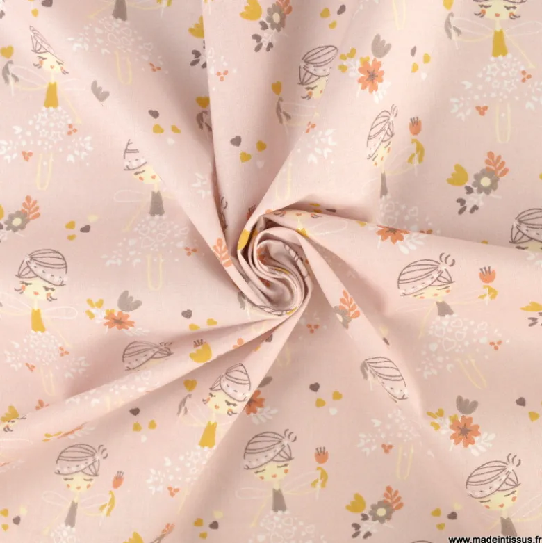 Tissu coton motifs Princesses et fleurs rosée- OEKO TEX