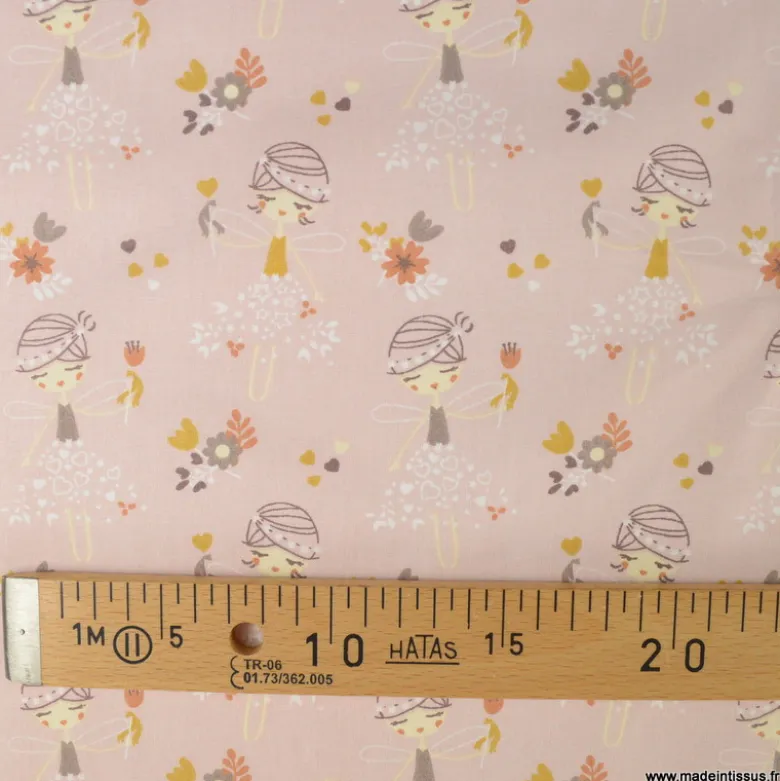 Tissu coton motifs Princesses et fleurs rosée- OEKO TEX