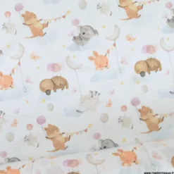 Tissu Coton Mouna motif animaux et ballons fond blanc - OEKO TEX
