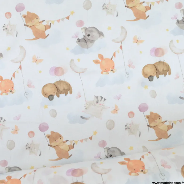 Tissu Coton Mouna motif animaux et ballons fond blanc - OEKO TEX