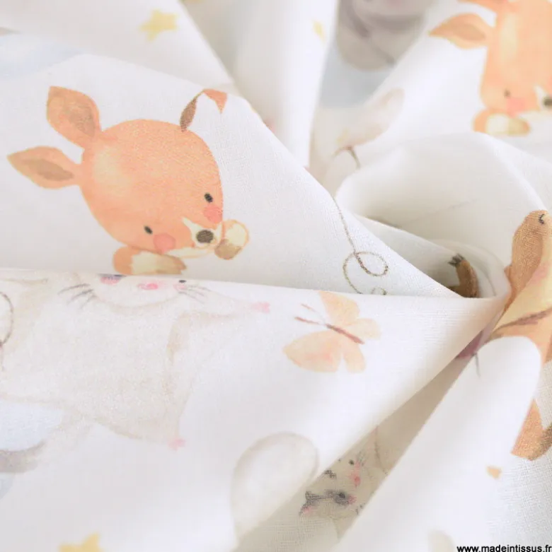 Tissu Coton Mouna motif animaux et ballons fond blanc - OEKO TEX
