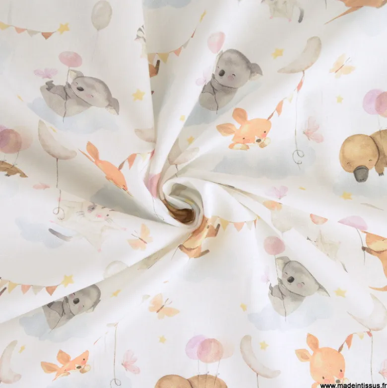Tissu Coton Mouna motif animaux et ballons fond blanc - OEKO TEX