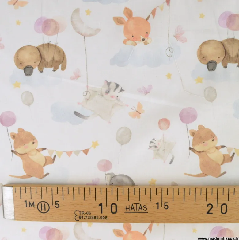 Tissu Coton Mouna motif animaux et ballons fond blanc - OEKO TEX