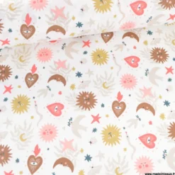 Tissu coton Mystic motif Ex-voto et soleil corail fond blanc - OEKO TEX