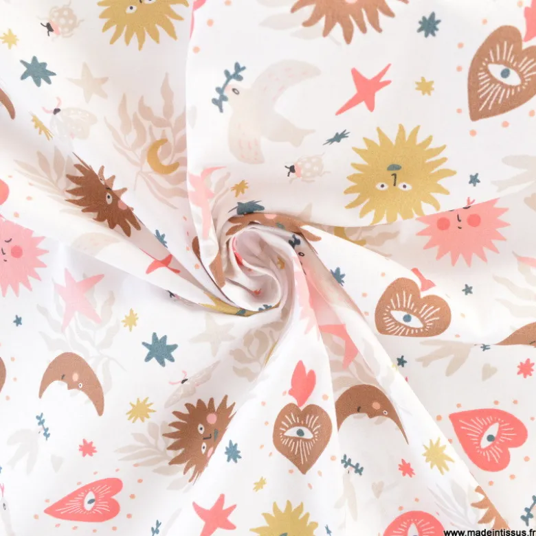 Tissu coton Mystic motif Ex-voto et soleil corail fond blanc - OEKO TEX