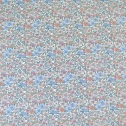 Tissu coton Natura motif petites fleurs vertes, corail et bleu
