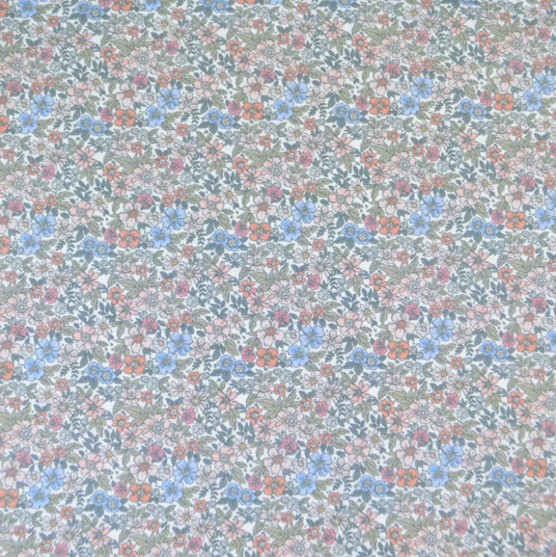 Tissu coton Natura motif petites fleurs vertes, corail et bleu