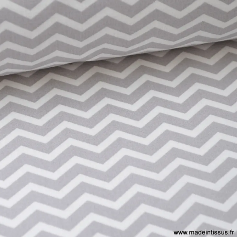 Tissu coton OEKO TEX imprimé chevrons zigzag GRIS au mètre