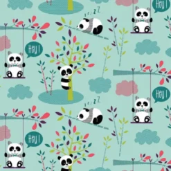 Tissu coton Oeko tex imprimé Pandas fond Turquoise - oeko tex