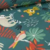 Tissu Coton OEKO TEX imprimé Papaya Perroquets et Paresseux fond Vert Canard