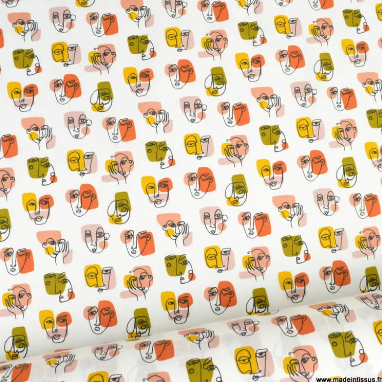 Tissu coton Pablo motifs visages fond blanc - OEKO TEX