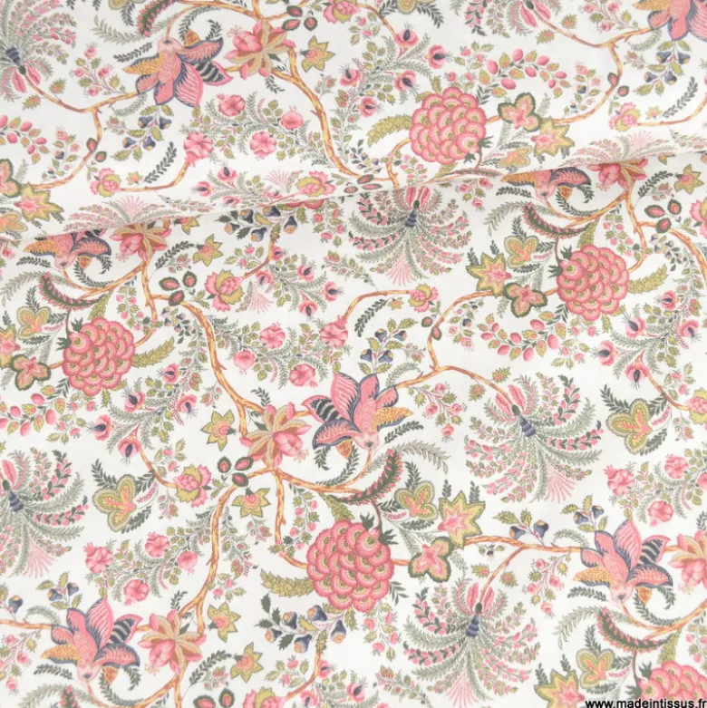 Tissu coton Palopa motif fleurs Indiennes roses fond blanc