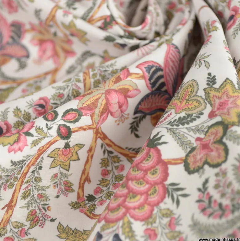 Tissu coton Palopa motif fleurs Indiennes roses fond blanc