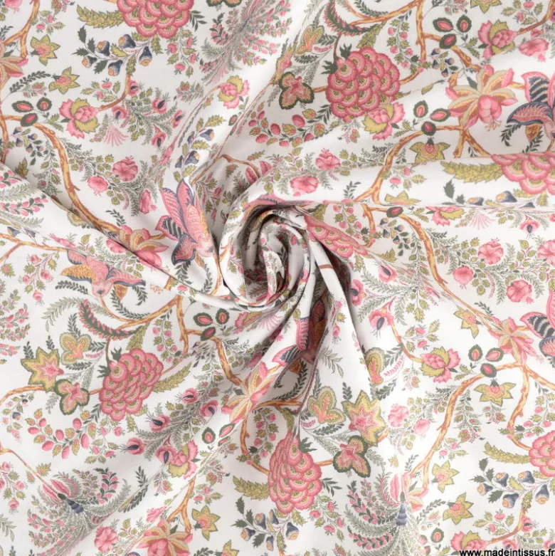 Tissu coton Palopa motif fleurs Indiennes roses fond blanc