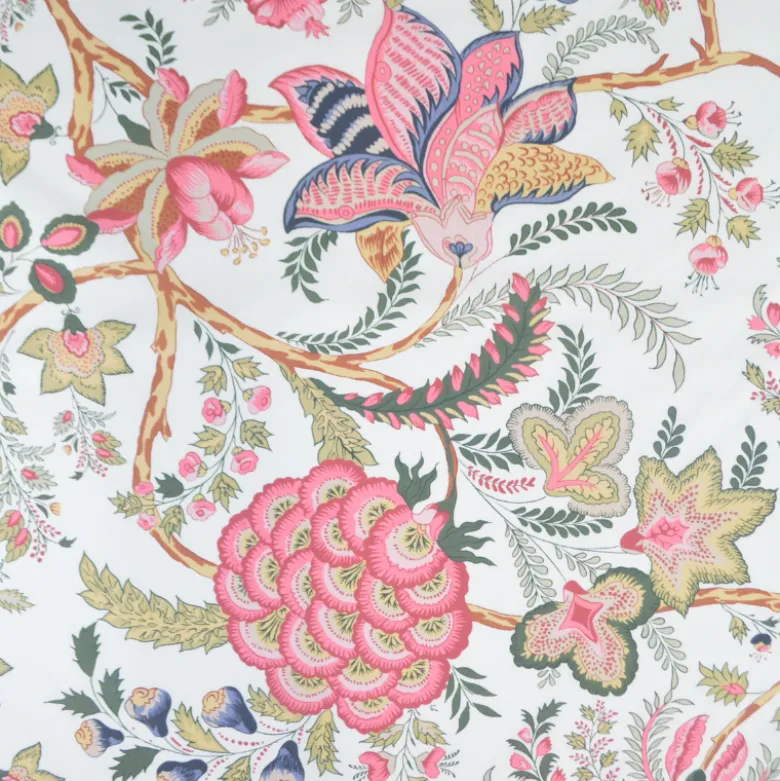 Tissu coton Palopa XXL motif fleurs Indiennes roses fond blanc