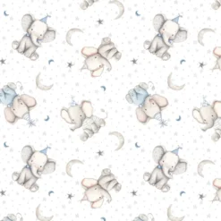 Tissu coton Pepo - Motif éléphants, étoiles et lunes fond blanc