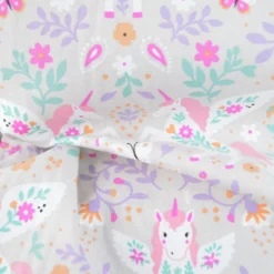 Tissu coton Polly motif licornes et fleurs roses fond gris - Oeko tex