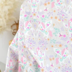 Tissu coton Polly motif licornes et fleurs roses fond gris - Oeko tex