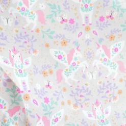 Tissu coton Polly motif licornes et fleurs roses fond gris - Oeko tex