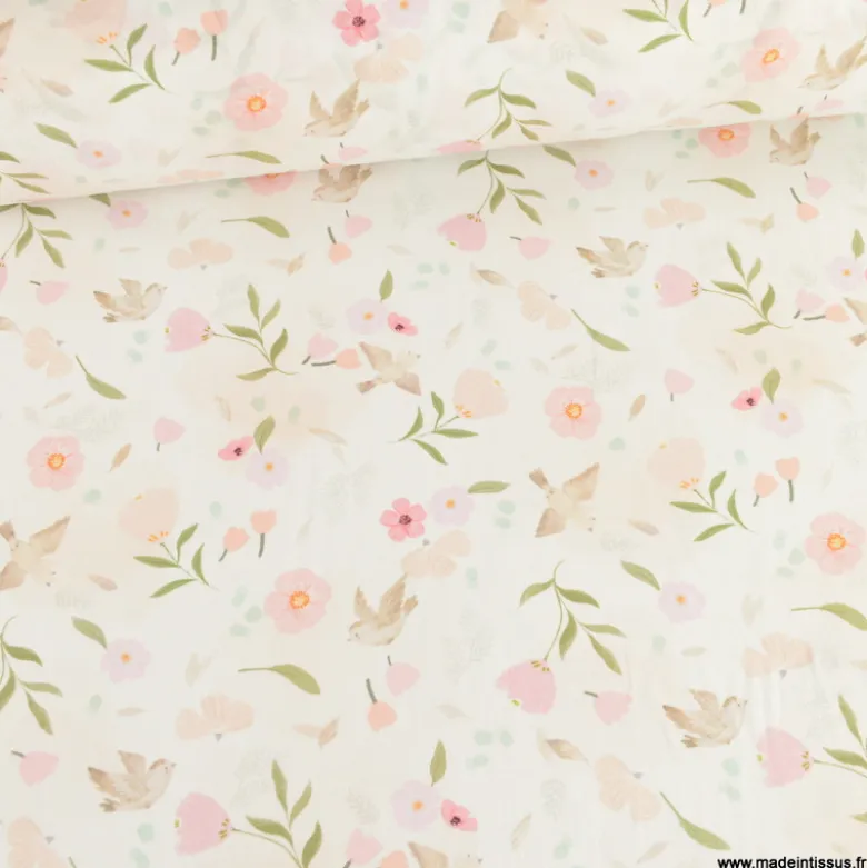 Tissu Coton Pretty motif oiseaux et fleurs rose fond blanc - OEKO TEX