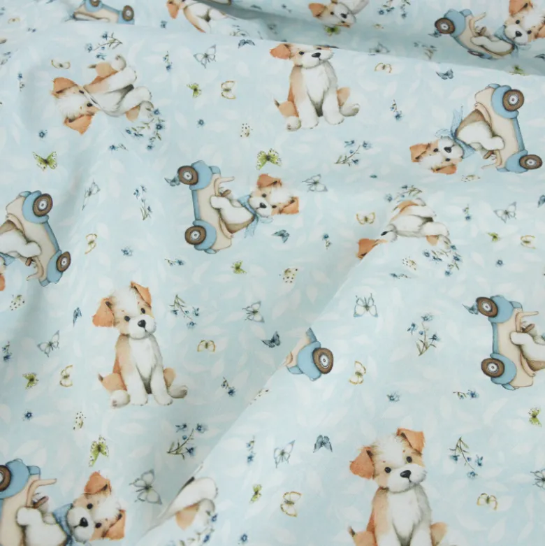 Tissu coton Puppy - Motif chiens en voiture fond bleu