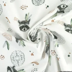 Tissu coton Ratoune motifs ratons laveurs fond blanc - OEKO TEX