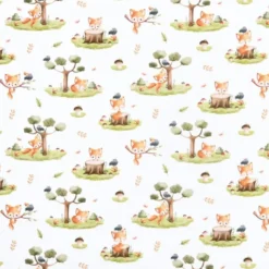 Tissu coton Renard motif petits renards et arbres fond blanc - OEKO TEX