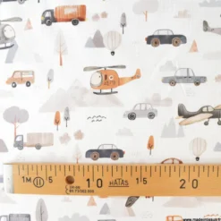 Tissu coton Roastrip motif voitures, avions, camions et hélicoptères -OEKO TEX