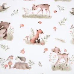 Tissu coton Roury motif animaux de la foret taupe fond blanc - OEKO TEX