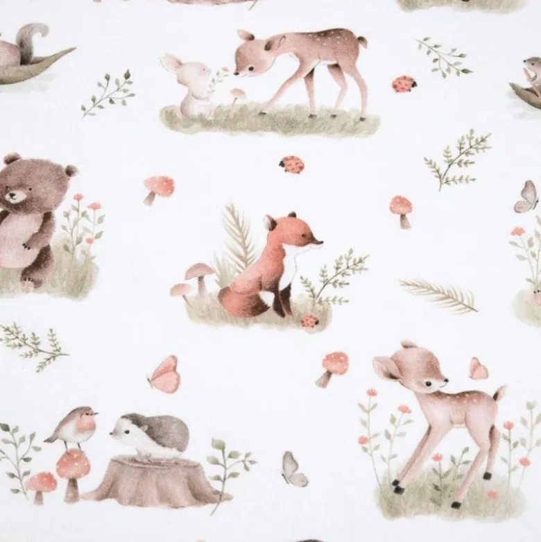Tissu coton Roury motif animaux de la foret taupe fond blanc - OEKO TEX