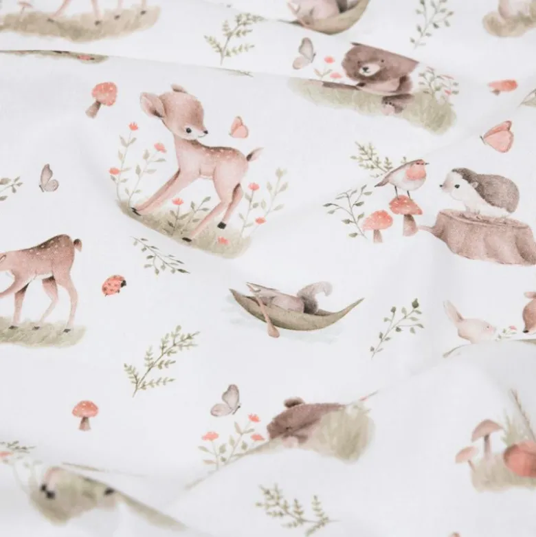 Tissu coton Roury motif animaux de la foret taupe fond blanc - OEKO TEX
