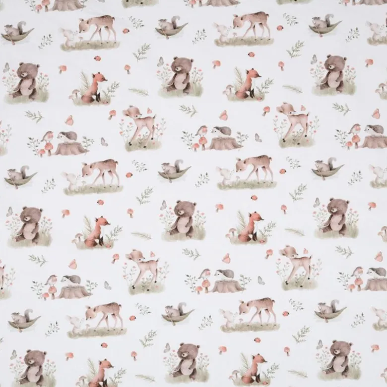 Tissu coton Roury motif animaux de la foret taupe fond blanc - OEKO TEX