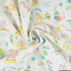 Tissu coton Sun motif animaux rose fond blanc