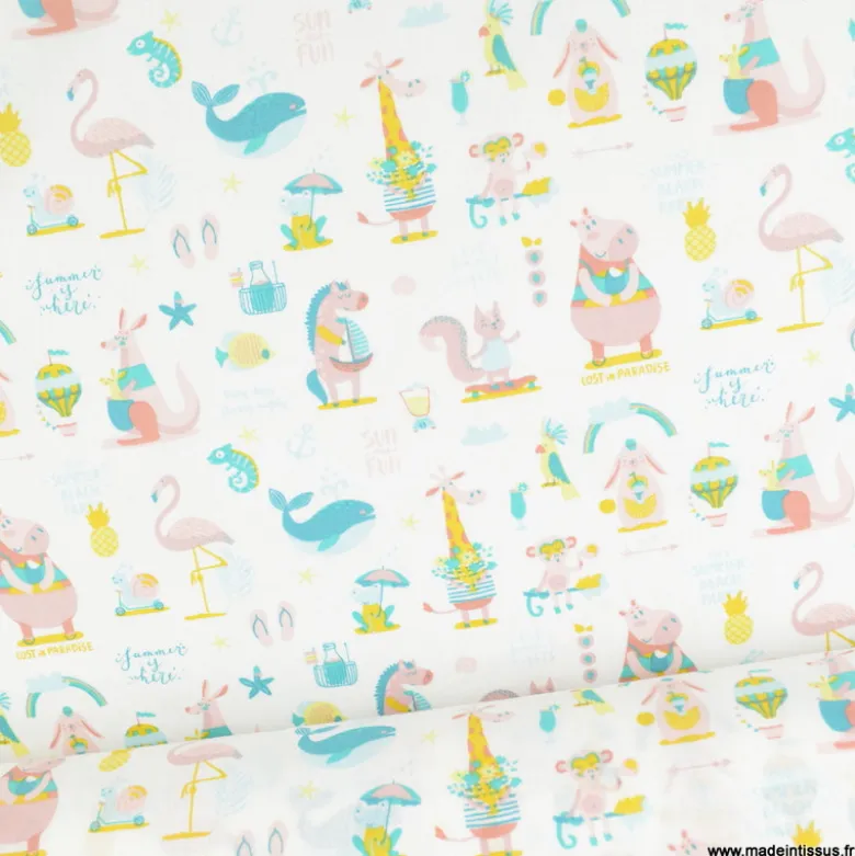 Tissu coton Sun motif animaux rose fond blanc