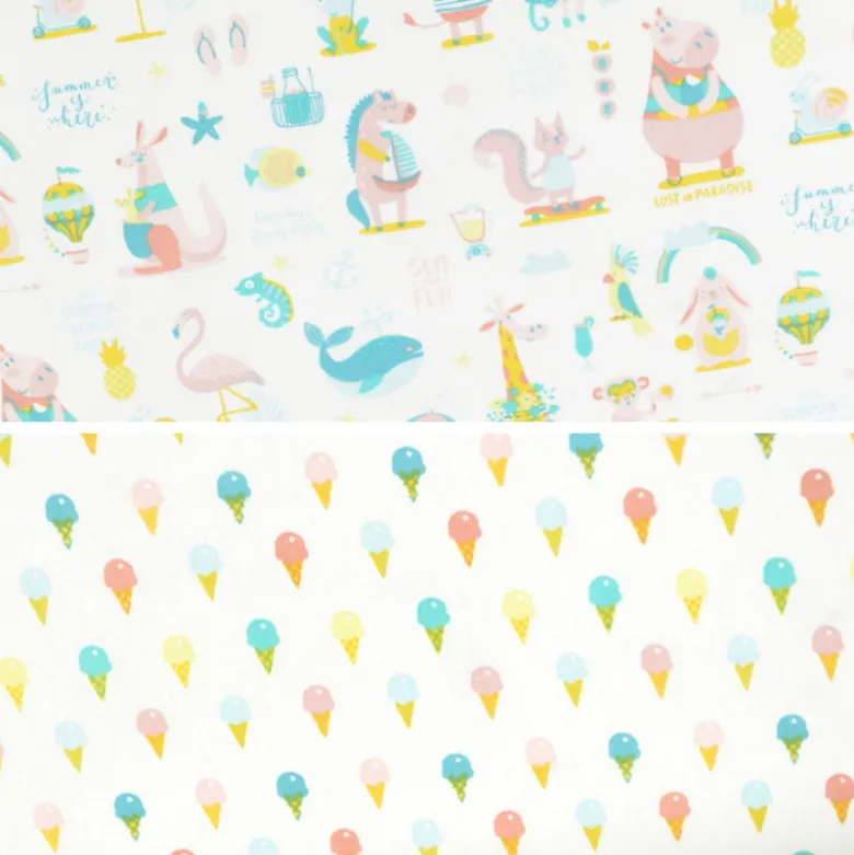 Tissu coton Sun motif animaux rose fond blanc