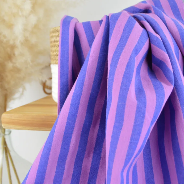 Tissu coton tissé teint à rayures - Violet et rose