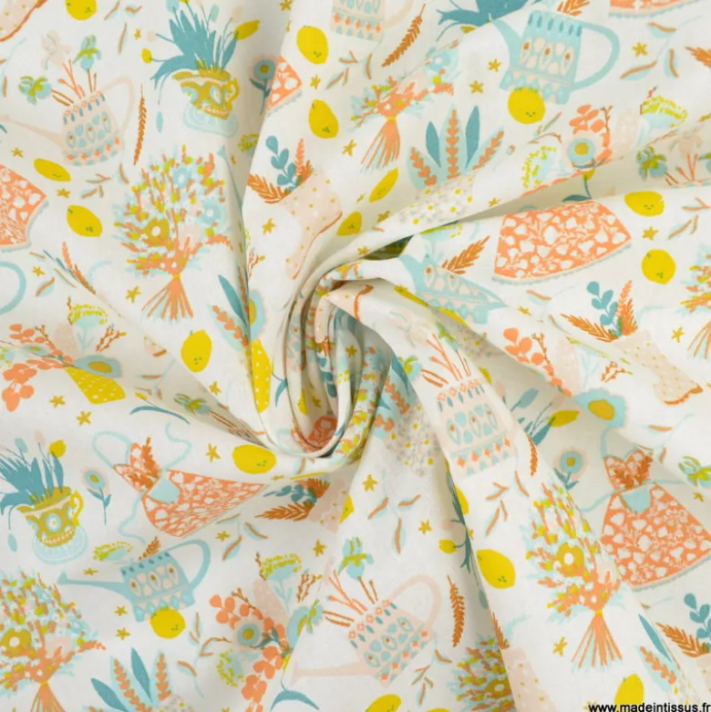 Tissu coton été motif arrosoirs, fleurs et bottes, jardinage