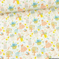 Tissu coton été motif arrosoirs, fleurs et bottes, jardinage