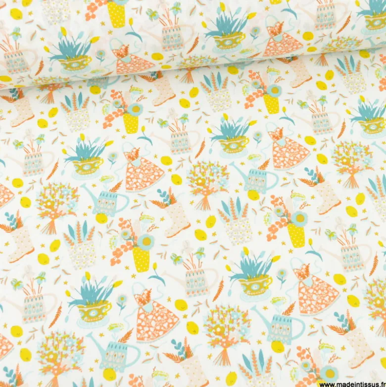 Tissu coton été motif arrosoirs, fleurs et bottes, jardinage
