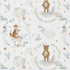 Tissu coton Trodoux – ours, nuages et feuillages pastel fond blanc