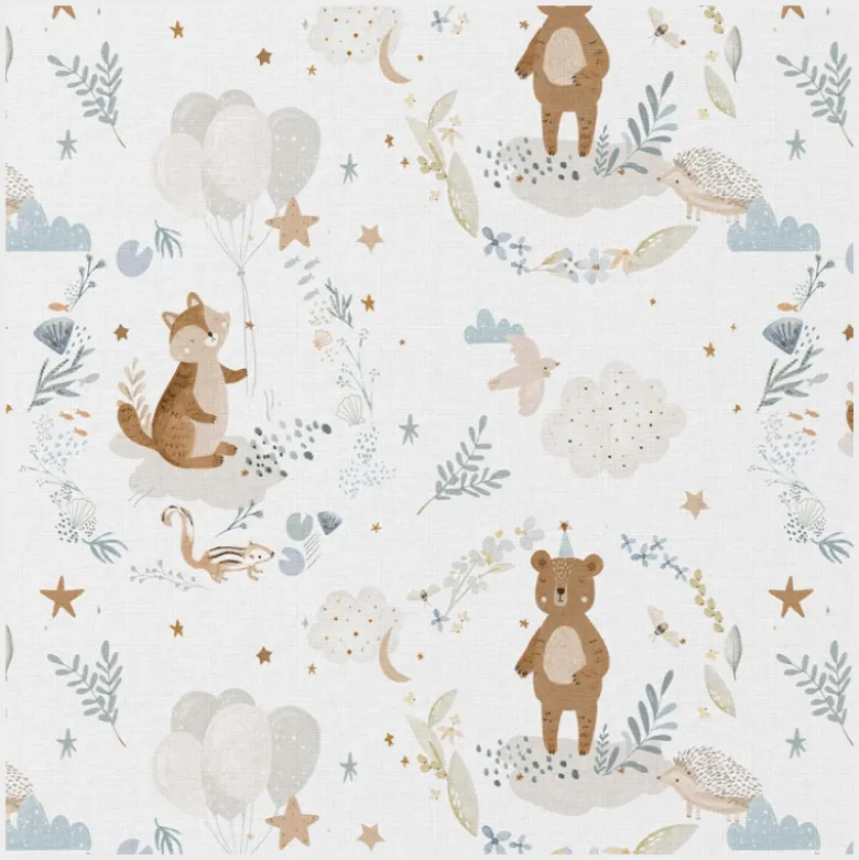 Tissu coton Trodoux – ours, nuages et feuillages pastel fond blanc