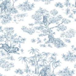 Tissu coton type toile de Jouy Acajou motif tigres, singes et panthère exotique - OEKO TEX