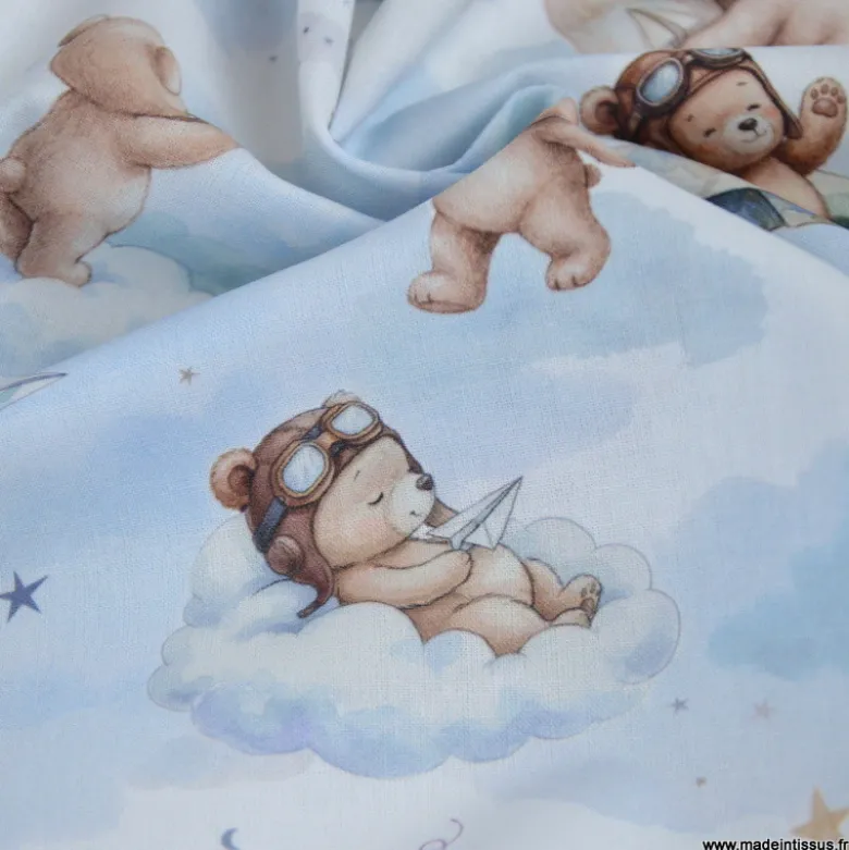 Tissu coton Volloin motif ours aviateur et lune fond ciel - OEKO TEX