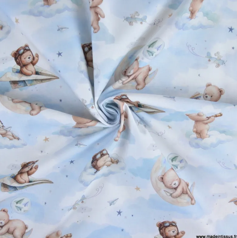 Tissu coton Volloin motif ours aviateur et lune fond ciel - OEKO TEX