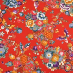Tissu coton Wasabi motif fleurs et papillons japonais - Rouge