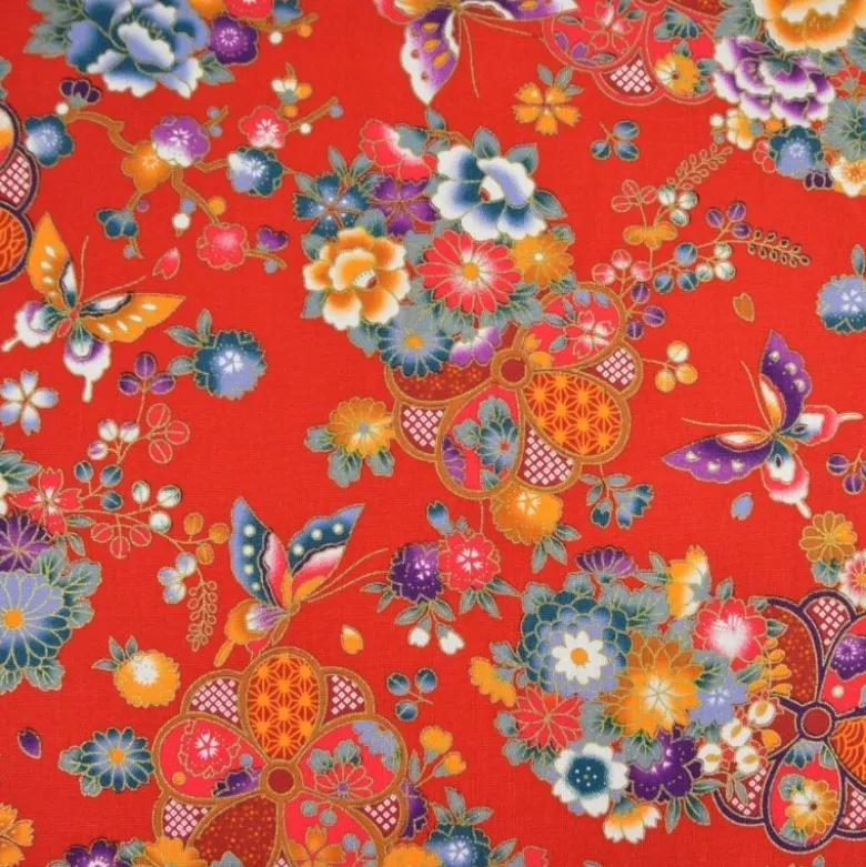 Tissu coton Wasabi motif fleurs et papillons japonais - Rouge