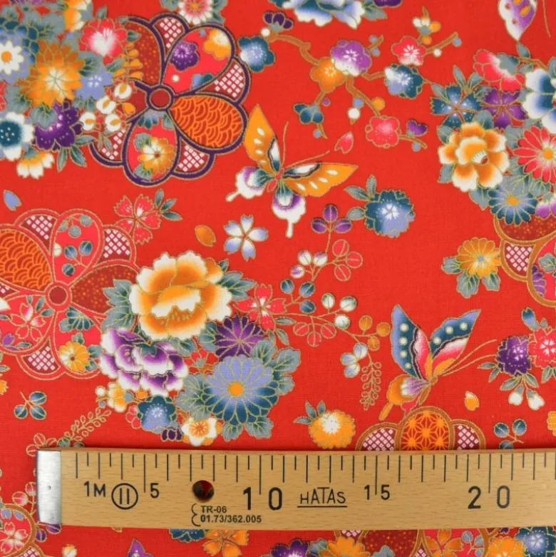 Tissu coton Wasabi motif fleurs et papillons japonais - Rouge